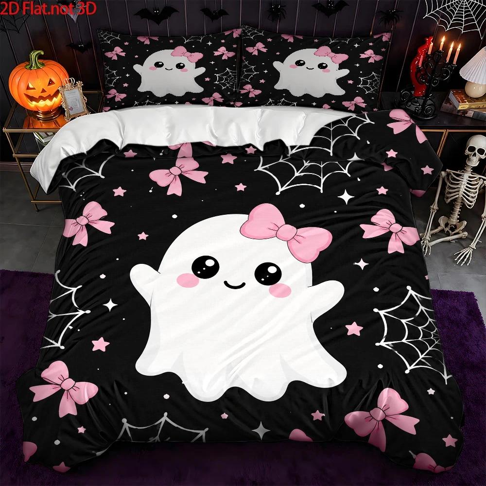 Duvet Cover Sets With Zipper - Şirin Hayalet Temalı Pembe Kurdeleli Üç