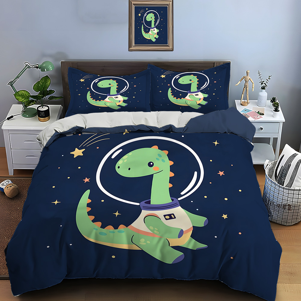 Duvet Cover Sets With Zipper - Yıldızlı arka planlı uzay dinozoru Desenli